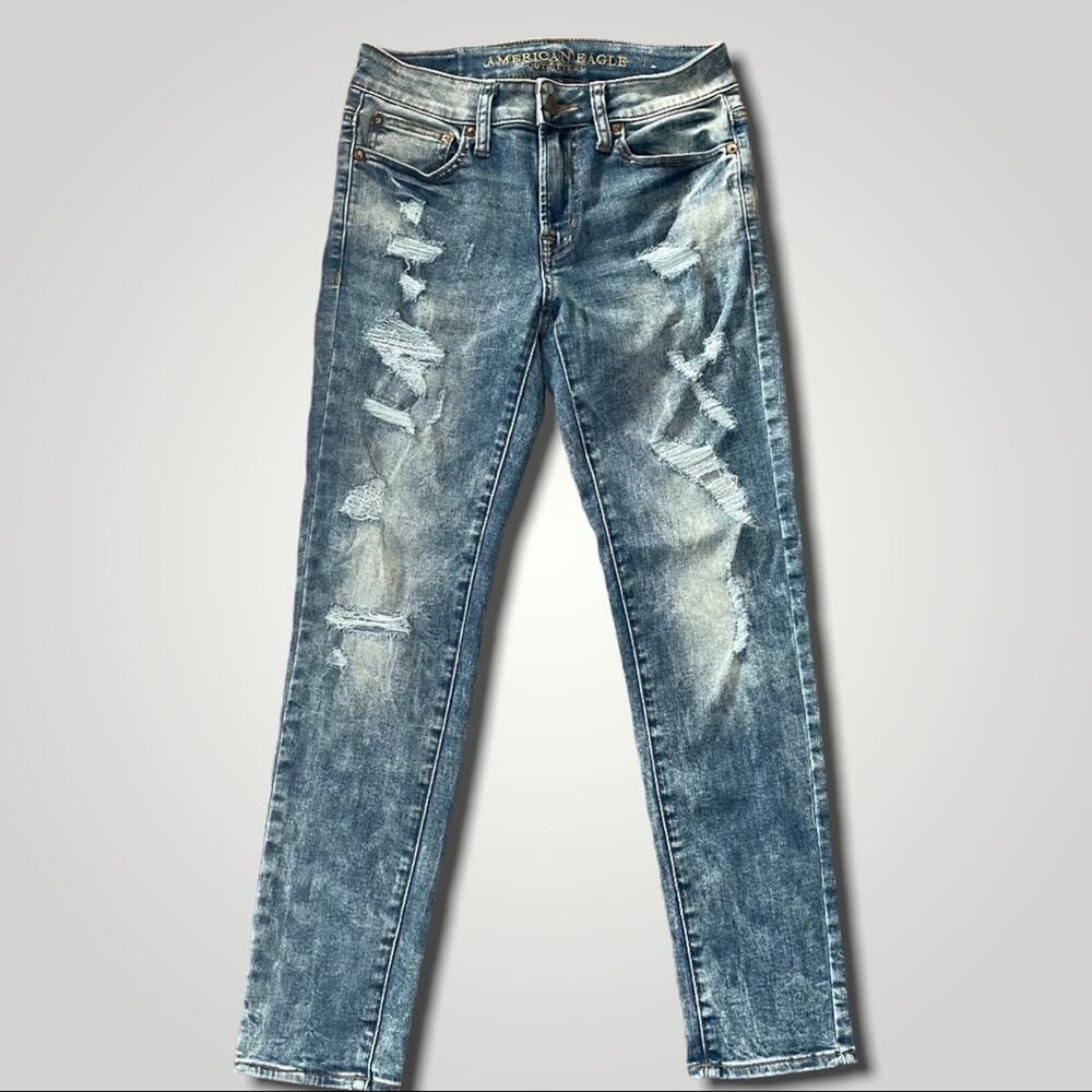 AMERICAN EAGLE SKINNY DISTRESSED LIGHT WASH DENIM JEANS - 28 X 30 - Picture 3 of 9
